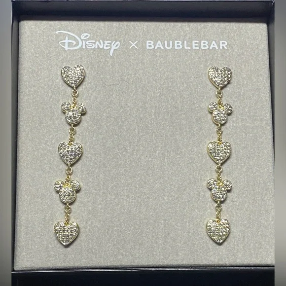 Disney X Baublebar Colab Golden Rhinestone Pave Heart & Micky Dangle Earrings - Picture 3 of 4